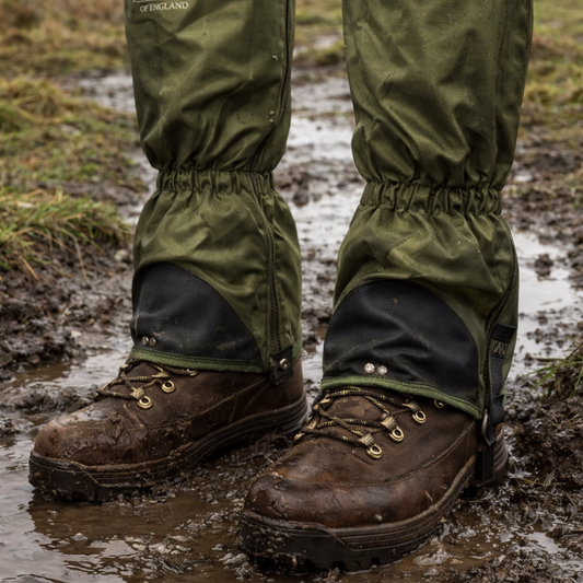 Green gaiters and brown boots on a muddy ground