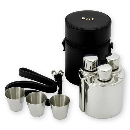Personalised Set of 3 Hip Flasks & Shot Cups Caddy Set In Black Case