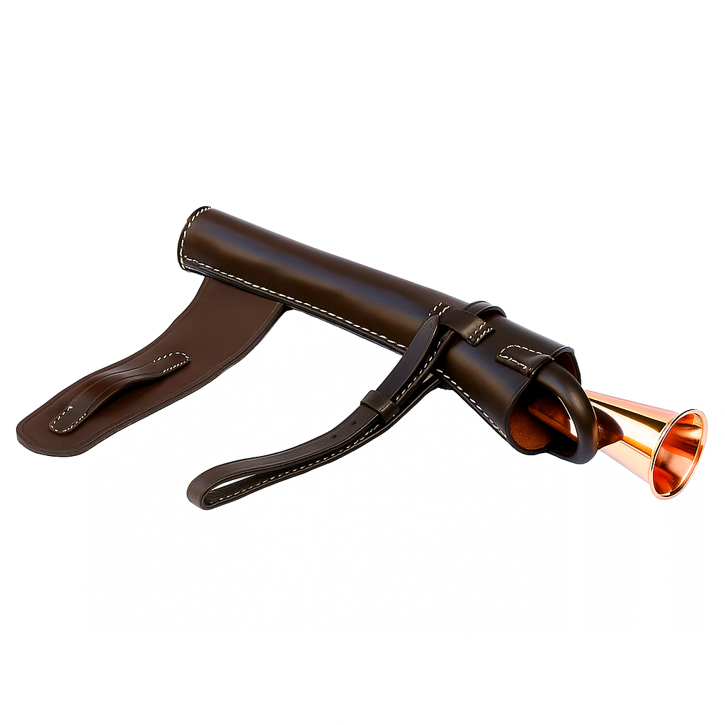 Brown leather trumpet case with a bronze trumpet on a white background