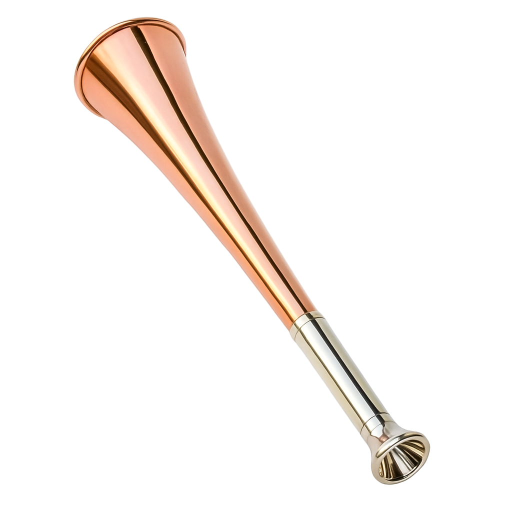 Copper and gold conical object on a white background