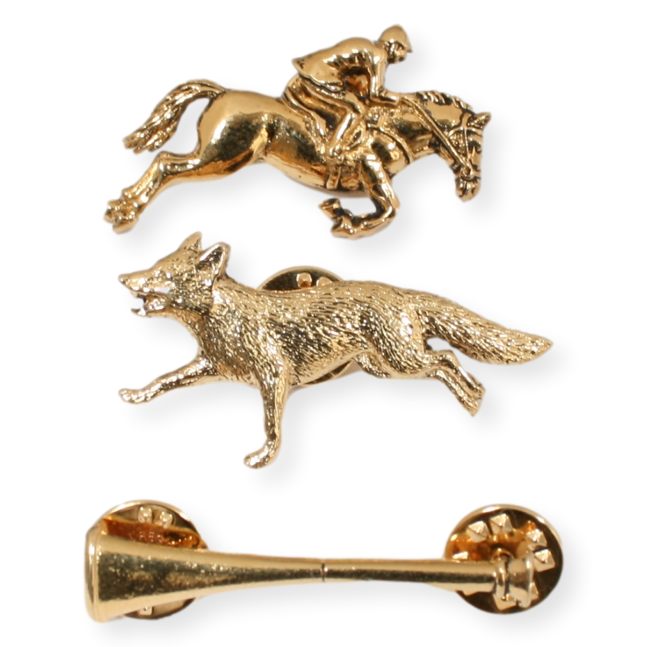 Set of 3 Fox Hunting Lapel Pins Badges Pewter Or Gold Plated