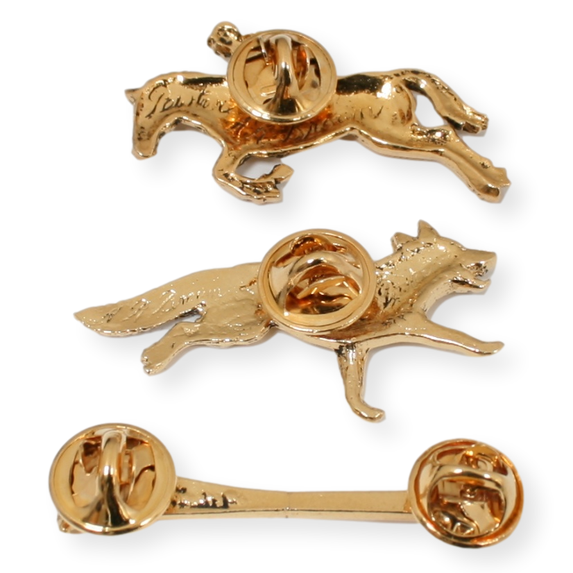 Set of 3 Fox Hunting Lapel Pins Badges Pewter Or Gold Plated