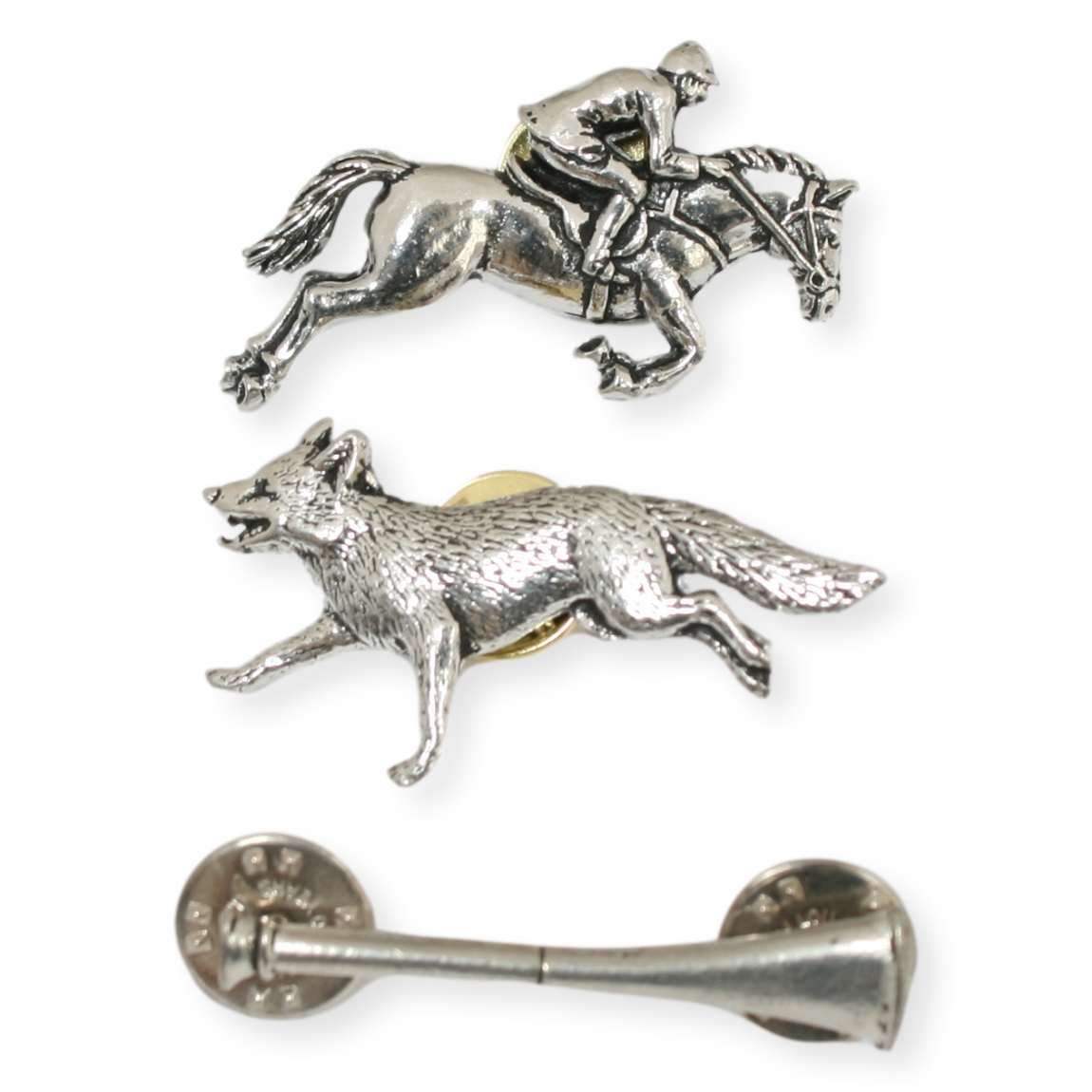 Set of 3 Fox Hunting Lapel Pins Badges Pewter Or Gold Plated