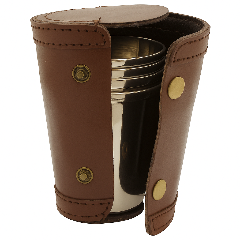 Brown leather cup holder with a metal cup inside on a white background