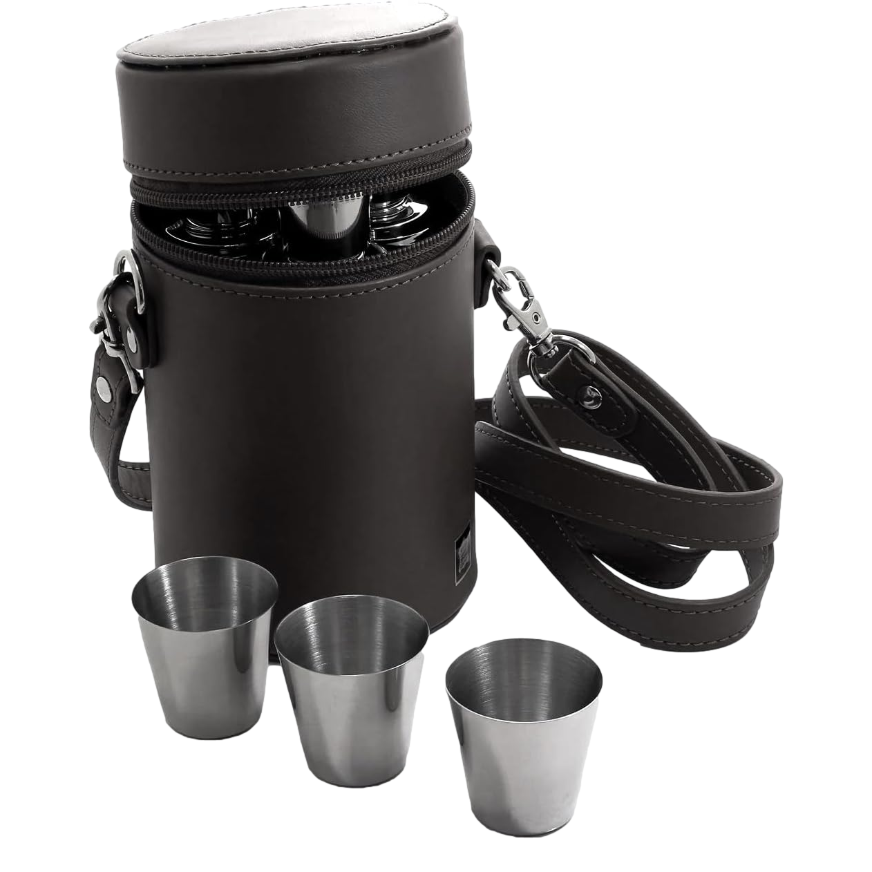 Personalised Set of 3 Hip Flasks & Shot Cups Caddy Set In Black Case