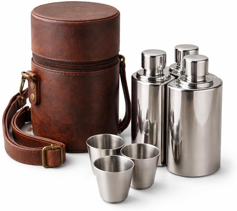 Personalised Brown Set of 3 Hip Flasks & Shot Cups Caddy Set