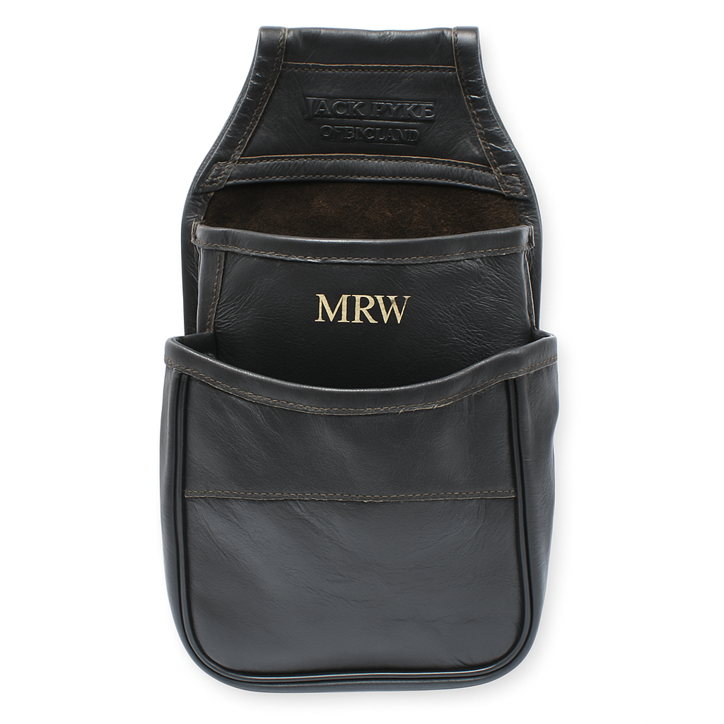 Black leather pouch with 'MRW' branding on a white background