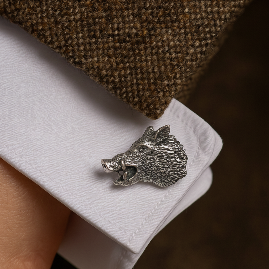 Silver boar head cufflink on a white shirt cuff with brown fabric background