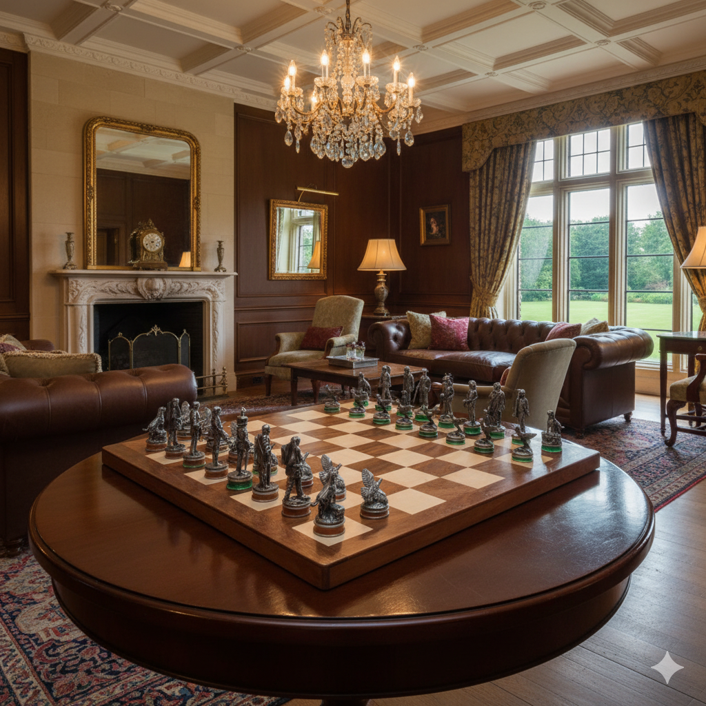 Luxurious living room with a large chessboard on a round table, elegant chandelier, and comfortable seating.