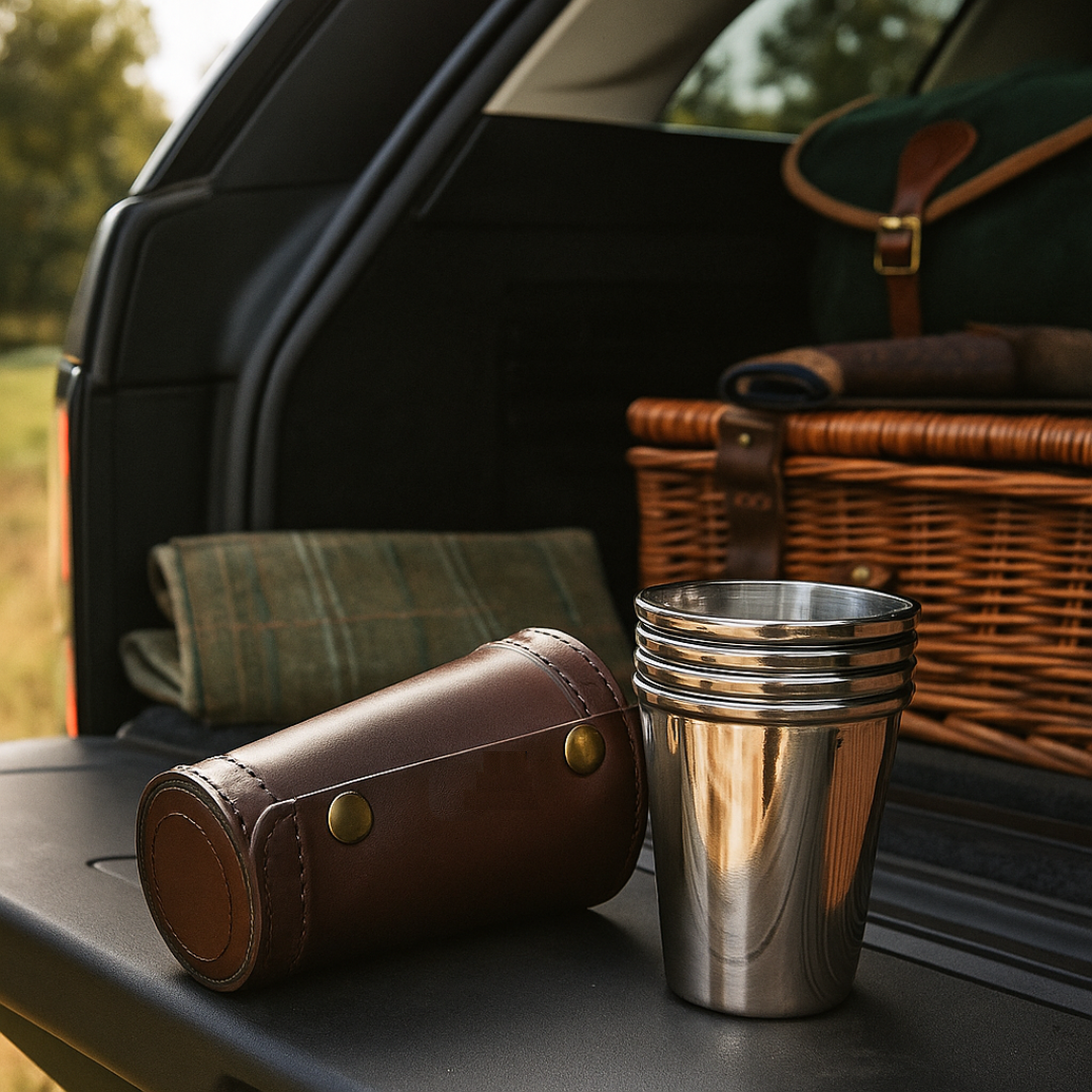 Metal cups and a brown leather case on a car trunk with a picnic basket in the background.
