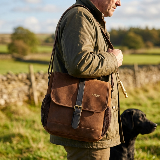 Man in a field with a brown leather dog training bag and a black dog.