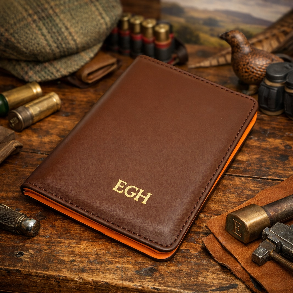 A brown leather wallet with gold monogram initials 'EGH' on the front, styled on a rustic wooden table with hunting-themed props including shotgun shells, a deer head figurine, and a tweed cap.