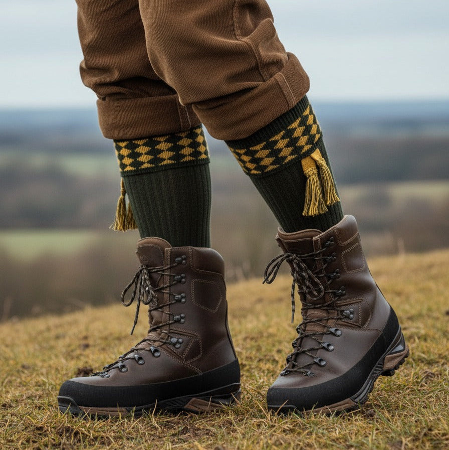 Brown boots and patterned socks worn outdoors with a blurred natural background
