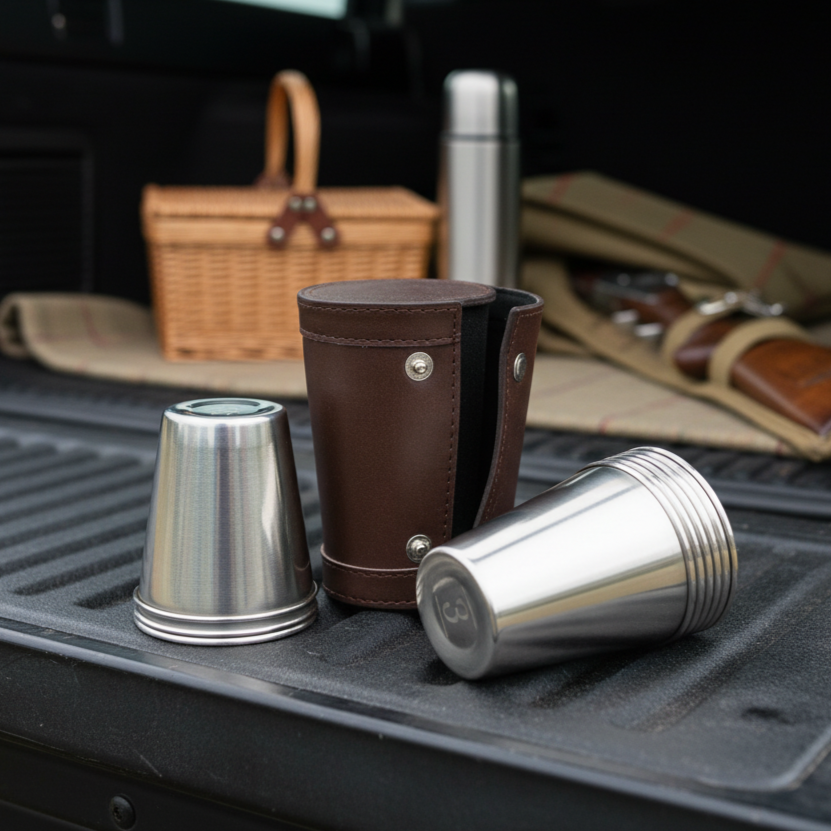 Two metal cups and a leather cup holder on a car trunk with a picnic setup.