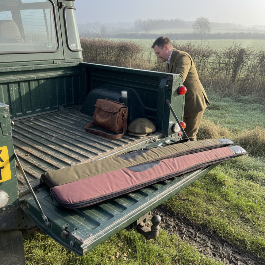 Man loading a rifle case into the back of a off roader on a game shoot day