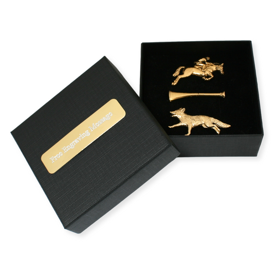 Set of 3 Fox Hunting Lapel Pins Badges Pewter Or Gold Plated