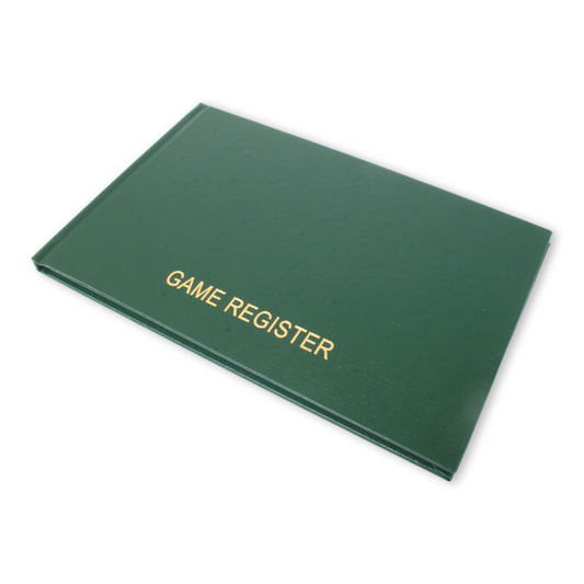 A green hardback game register with the title 'GAME REGISTER' printed in gold on the cover.