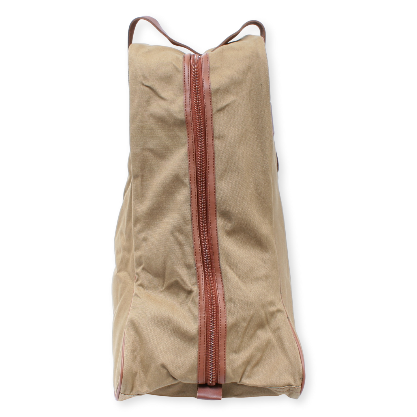 Beige travel bag with a red zipper on a white background