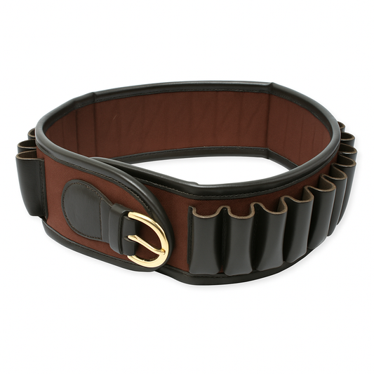 Brown and black leather belt with gold buckle on a white background