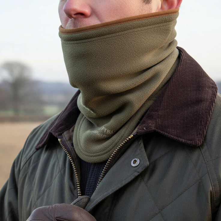 Person wearing a green jacket, brown gloves, and a green neck warmer in an outdoor setting.