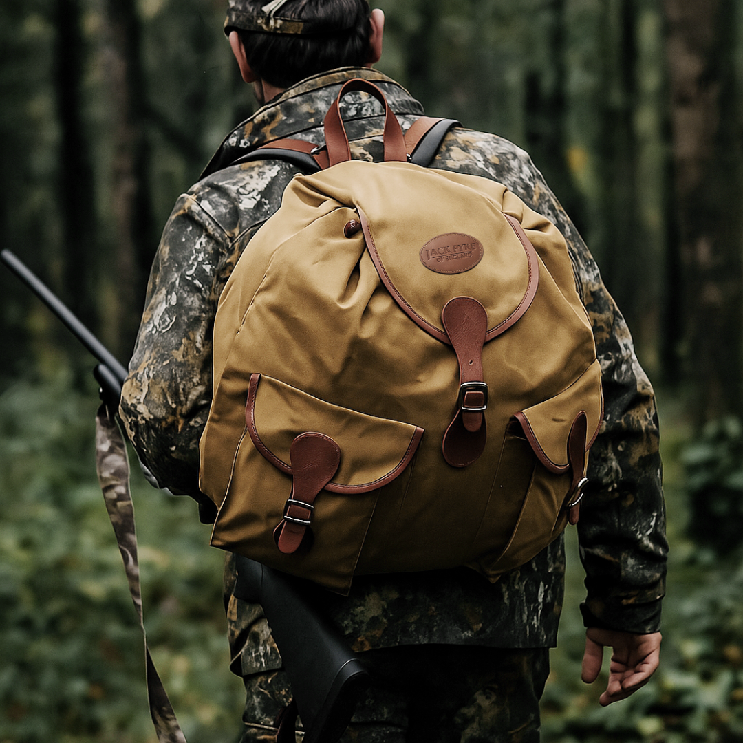 Person in camouflage clothing with a tan backpack walking through a forest.