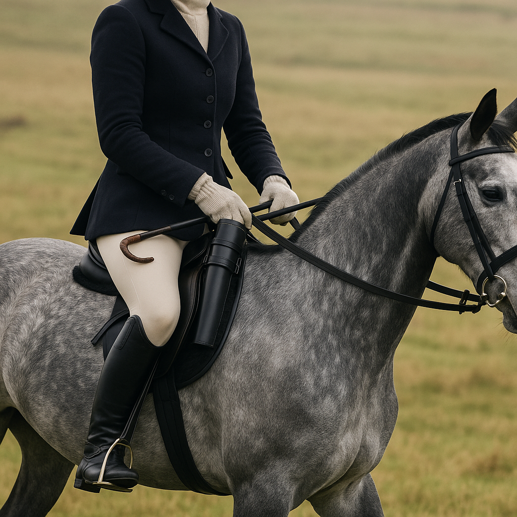 Person riding a gray horse in an outdoor setting With Black Saddle Flask