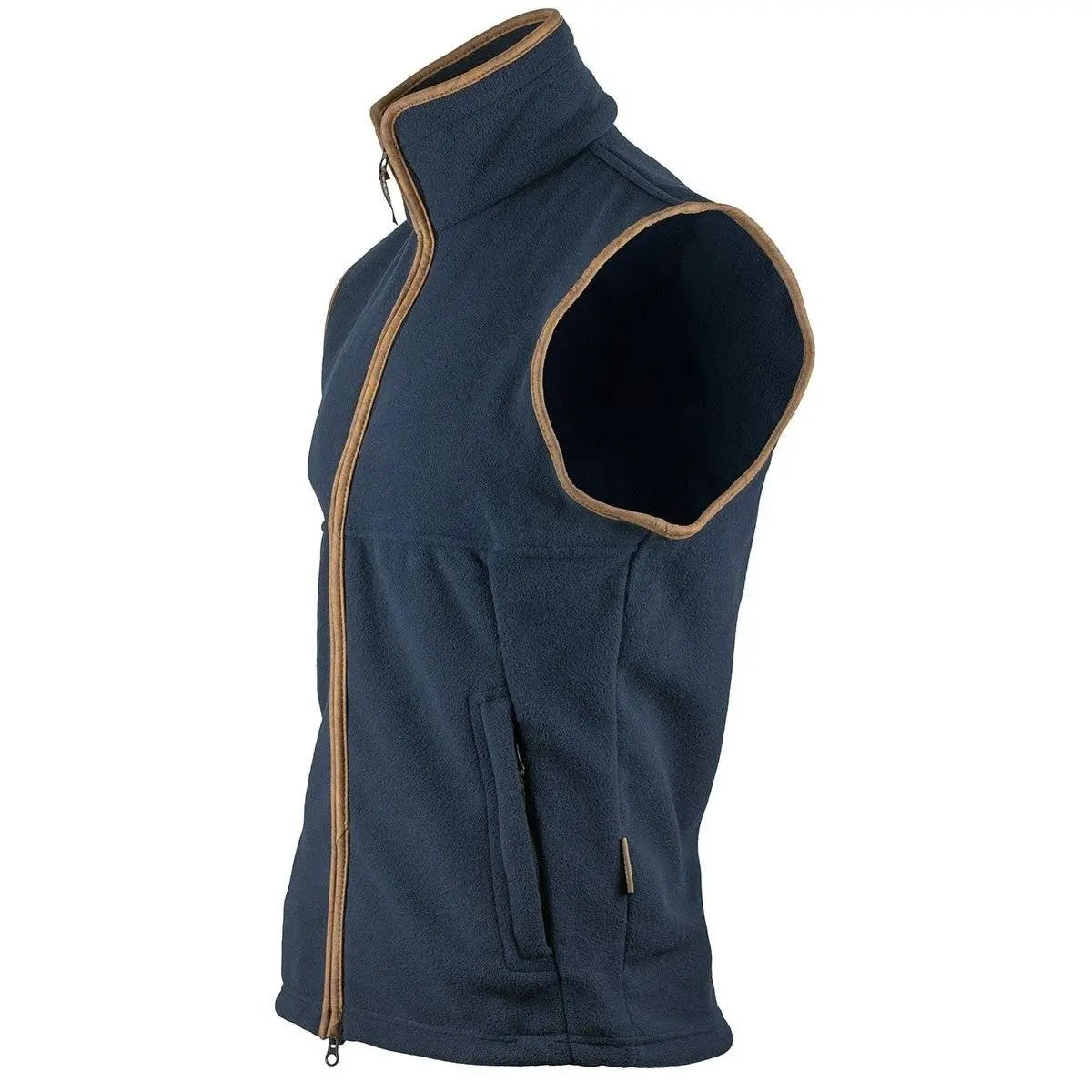 Side Of Navy Jack Pyke Gilet with a gold trim on a white background