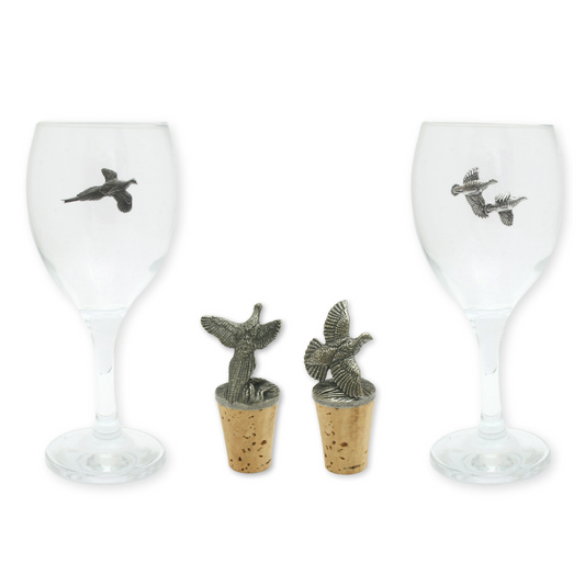 Pheasant or Partridge Wine Glass & Wine Stopper Set