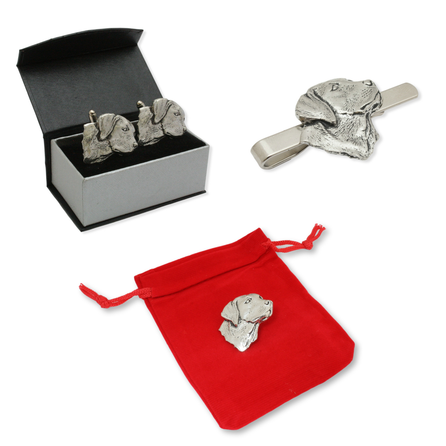 Labrador or Spaniel Cufflinks, Tie Slide & Pin Badge Set
