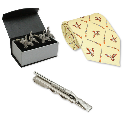 Ducks and Shotgun Cufflinks, Silk Tie & Tie Slide Set