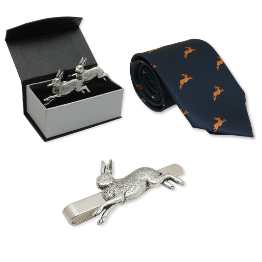 Hare Stalking Navy Tie, Cufflinks & Tie Slide Set