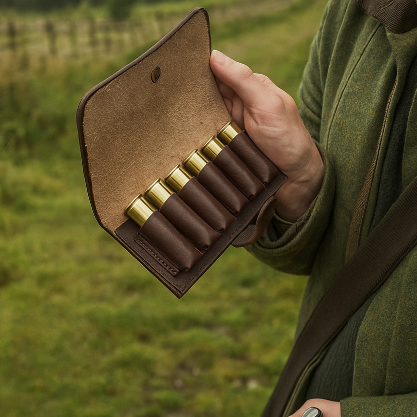 Person holding a brown leather ammo holder with gold casings against a blurred green field background