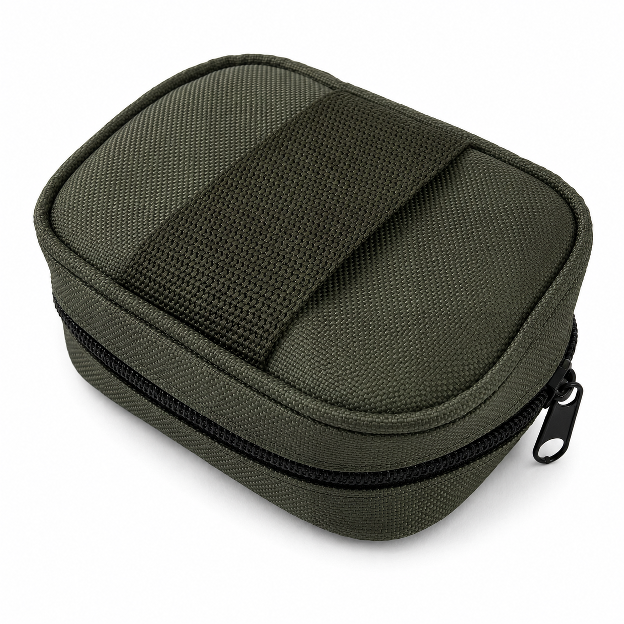 An olive green zippered rifle cleaning case with a black zipper and a black hook-and-loop strap, shown on a plain white background.