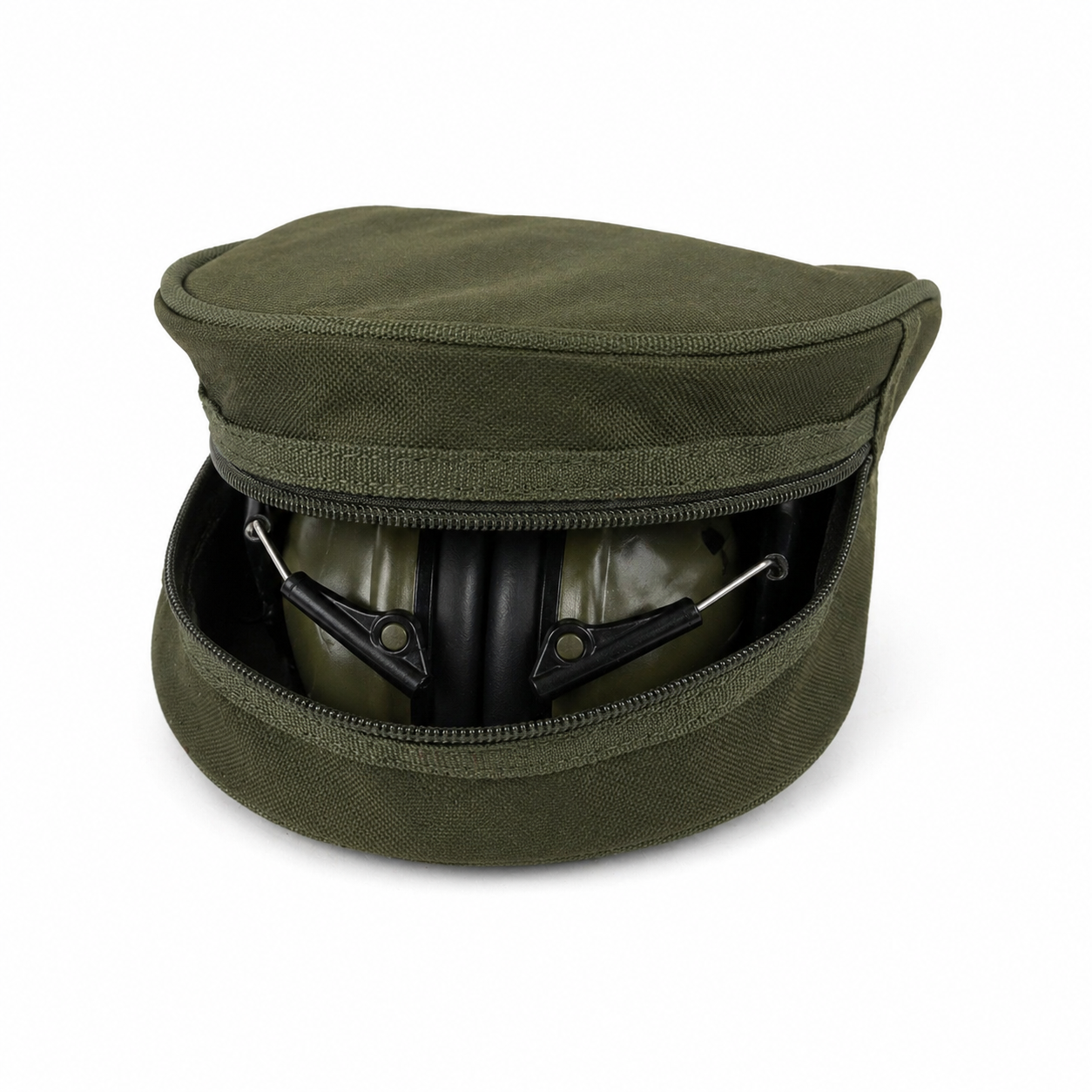 Green ear protection case with a pair of ear protectors inside on a white background