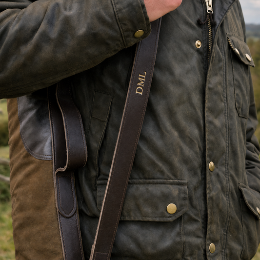 Person wearing a dark green jacket with a brown strap of a gun slip over his shoulder, outdoors.