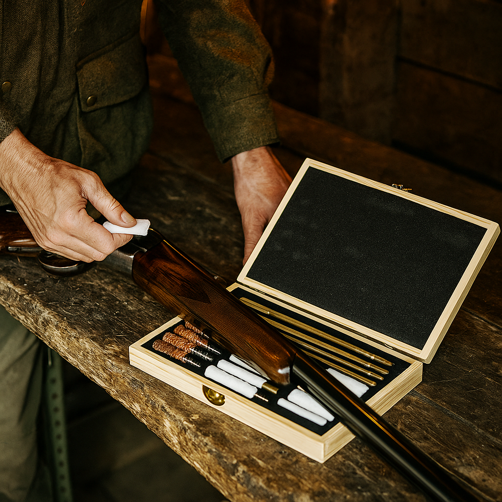Person using a gun cleaning kit on a wooden table