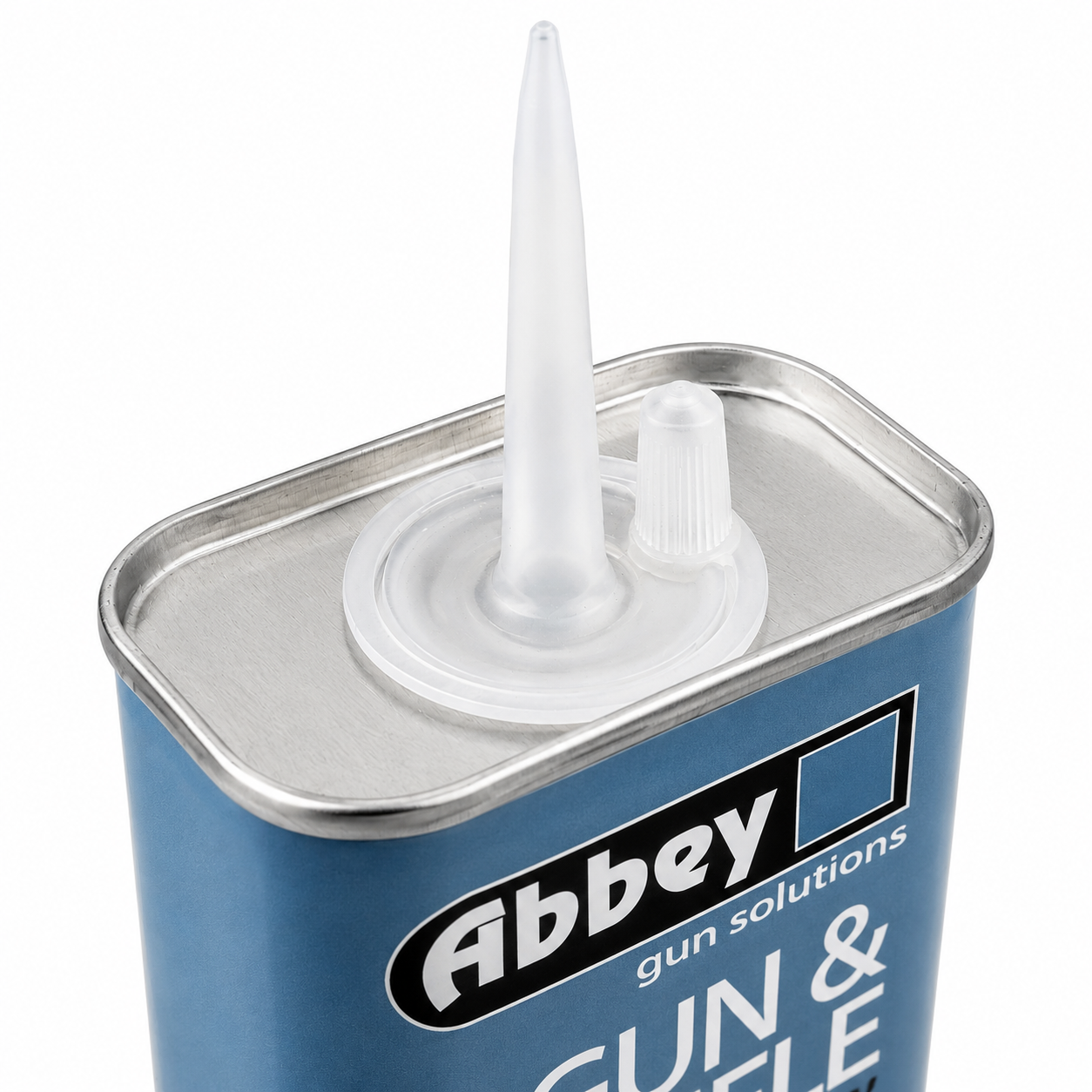A blue metal can of gun oil with a white plastic nozzle and silver metal rim, shown on a white background.