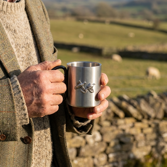 Person holding a stainless steel mug with a game bird emblem in a rural setting with sheep and stone walls.