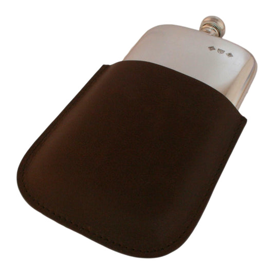 English Pewter Hip Flask In Leather Sleeve