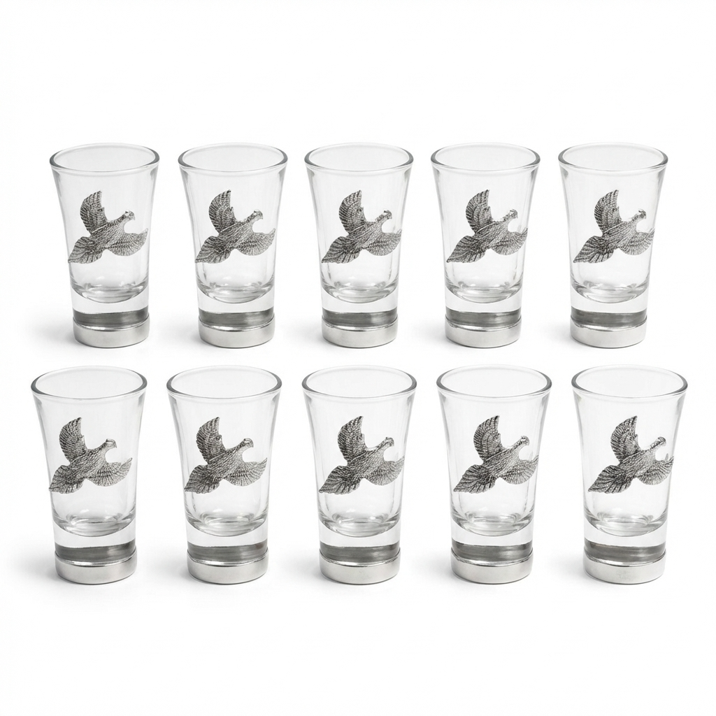 10 pheasant shot glasses on white background