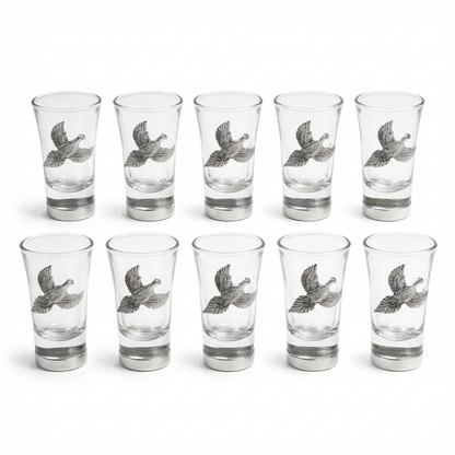 10 pheasant shot glasses on white background