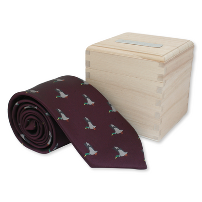 Mallard Green Or Burgundy Neck Duck Tie In Custom Wooden Gift Box