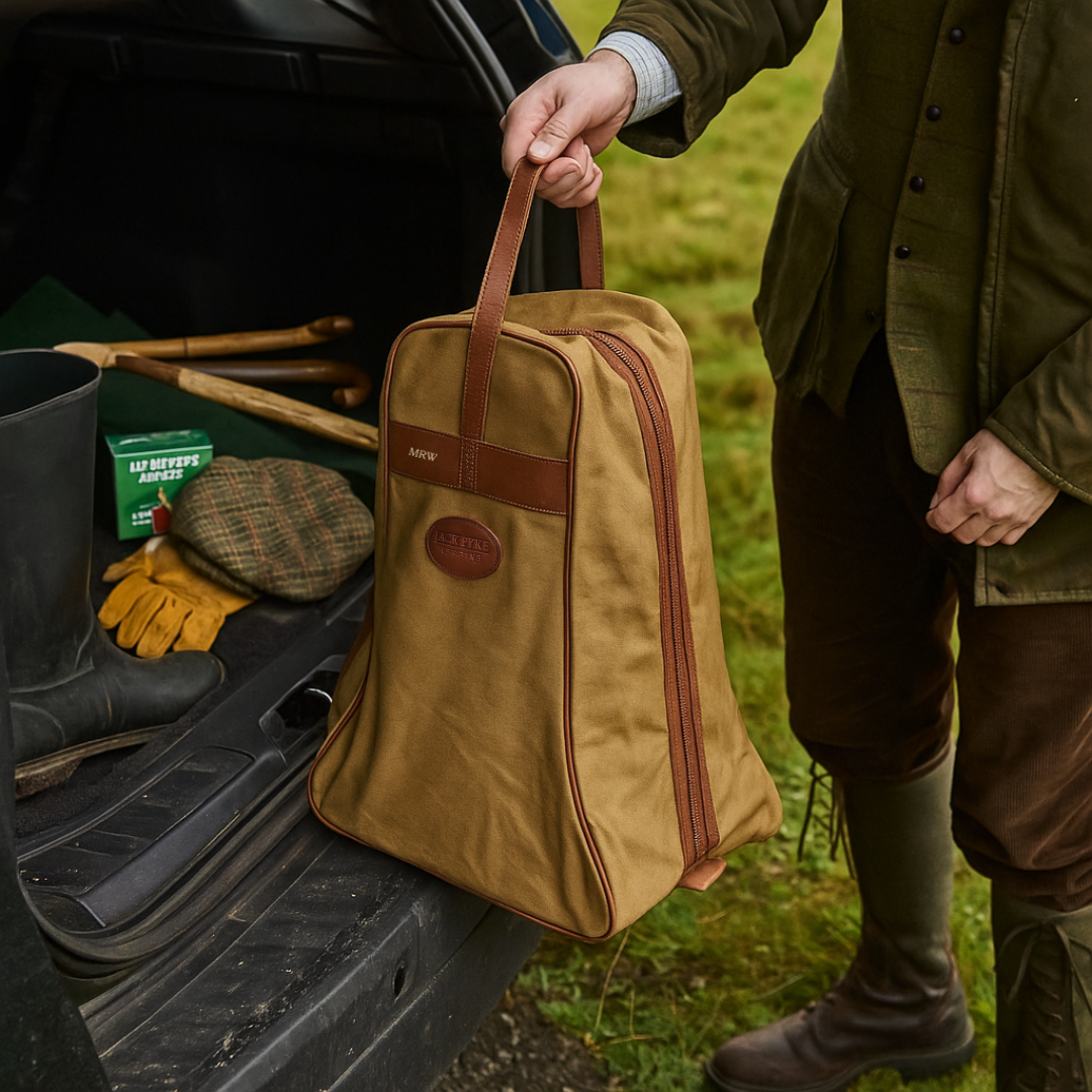 Person holding a tan boot bag with brown straps next to a car trunk filled with outdoor gear.