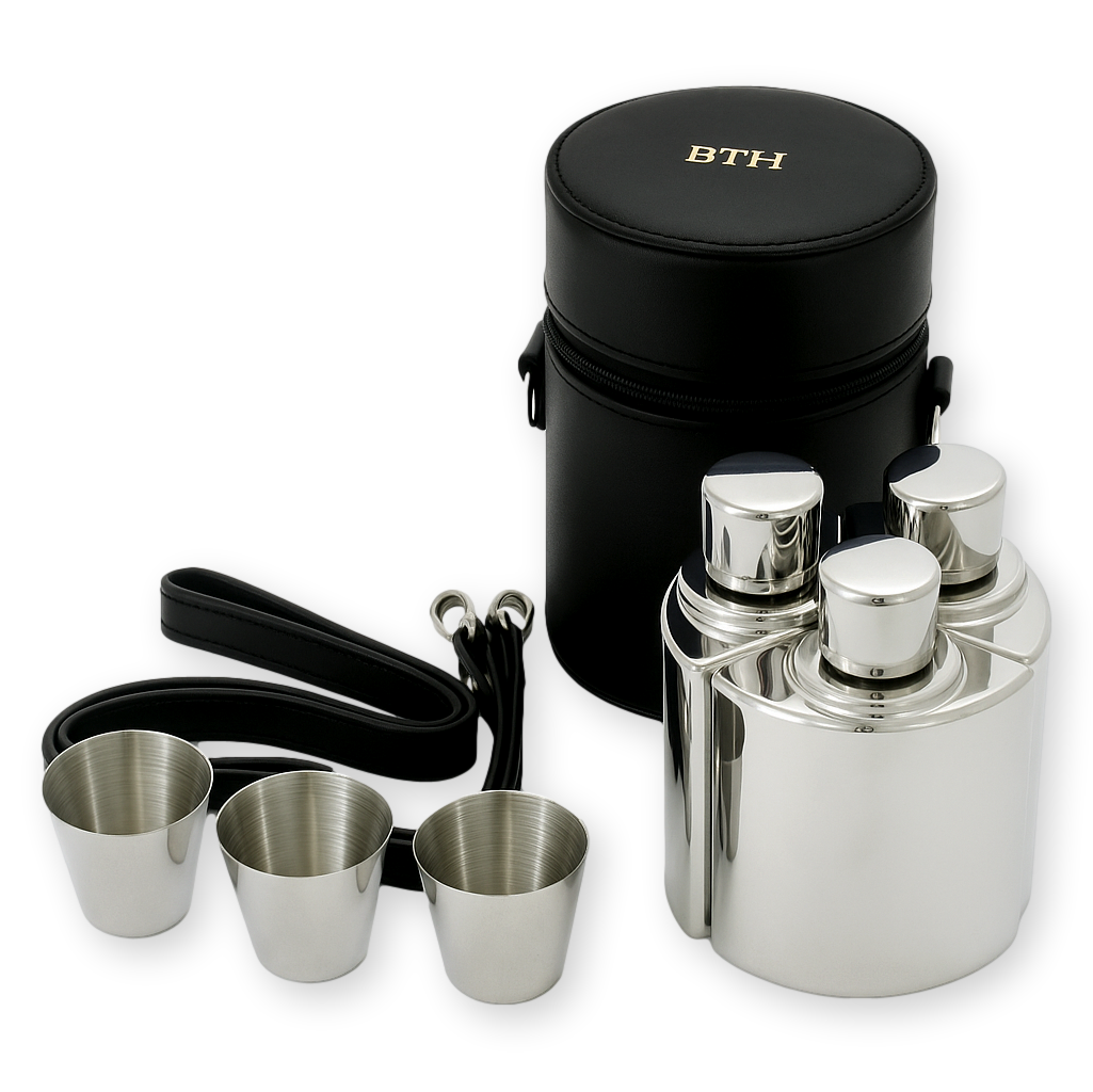 Personalised Set of 3 Hip Flask in Black Carry Case & Shot Cups