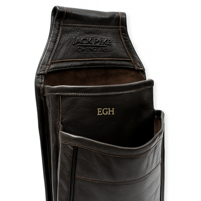 Black leather pouch with 'EGH' monogram on a white background