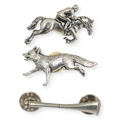 Set of 3 Fox Hunting Lapel Pin Badges – Pewter or Gold Plated