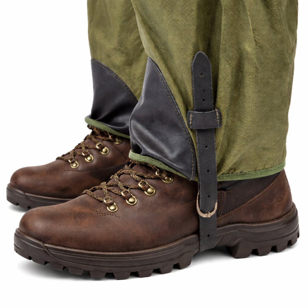 Brown leather boots with laces and gaiters worn with green pants on a white background