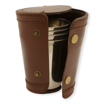 4 x Stacking Steel Stirrup Cups In Dark Brown Leather Case (4oz)