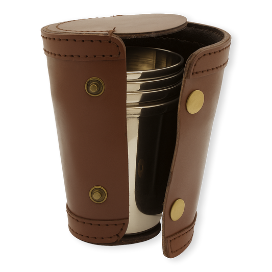 4 x Stacking Steel Stirrup Cups In Dark Brown Leather Case (4oz)