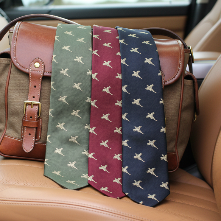 Four pheasant patterned ties on a brown leather bag inside a car.